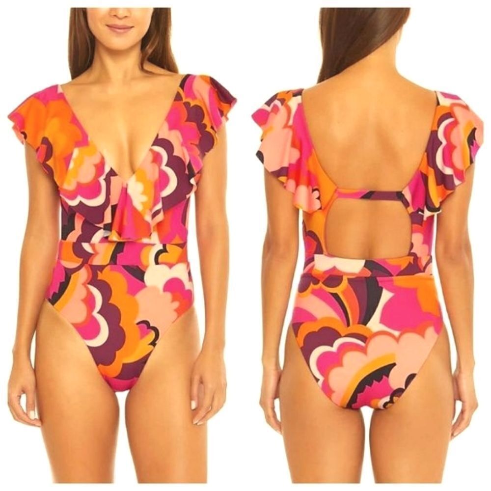 Trina Turk Women's Fan Faire Ruffled Plunge One-Piece Swimsuit Size 6